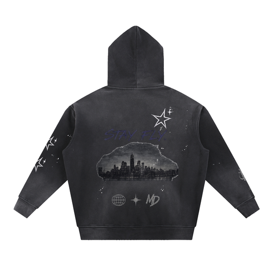 MIDNIGHT DISTRICT OG COLLECTION graphic Vintage Washed Frayed Fleece Hoodie