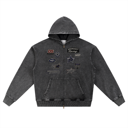 MIDNIGHT RACING Snow Wash Oversized Zip-Up Hoodie