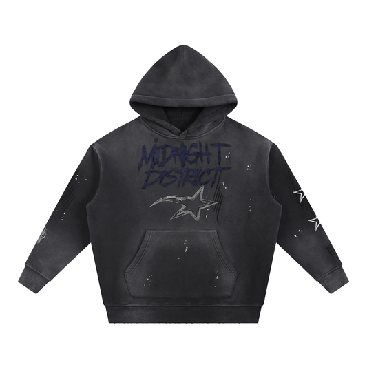 MIDNIGHT DISTRICT OG COLLECTION graphic Vintage Washed Frayed Fleece Hoodie