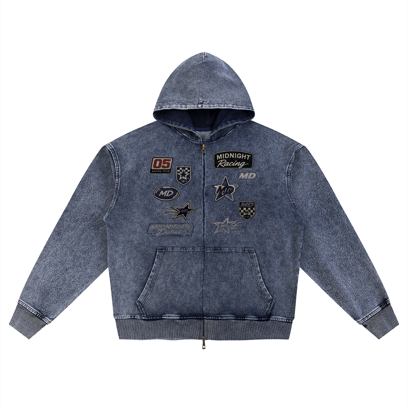 MIDNIGHT RACING Snow Wash Oversized Zip-Up Hoodie
